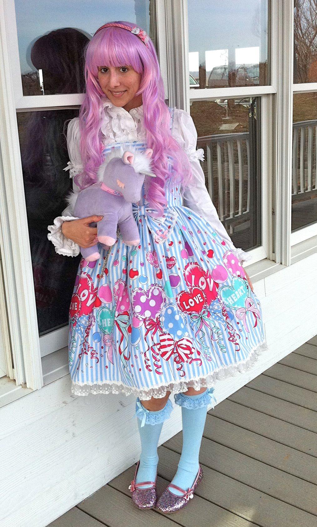 Lolita with Pink Hair wearing Blue Long Socks and Colored Dress